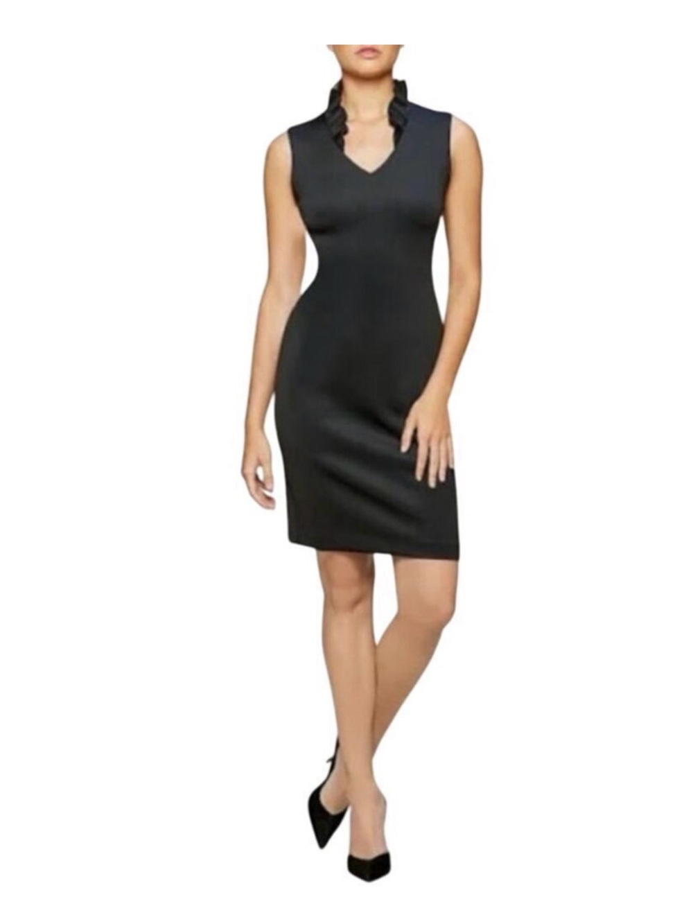 Elegant Black Calvin Klein Sleeveless V-Neck Sheath Dress with Ruffle Collar